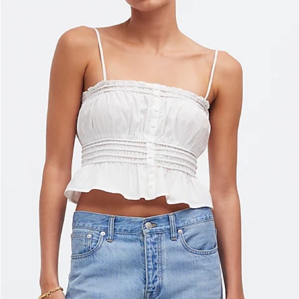 NWT Madewell Smocked Button-Front Top in Poplin Eyelet White size XS